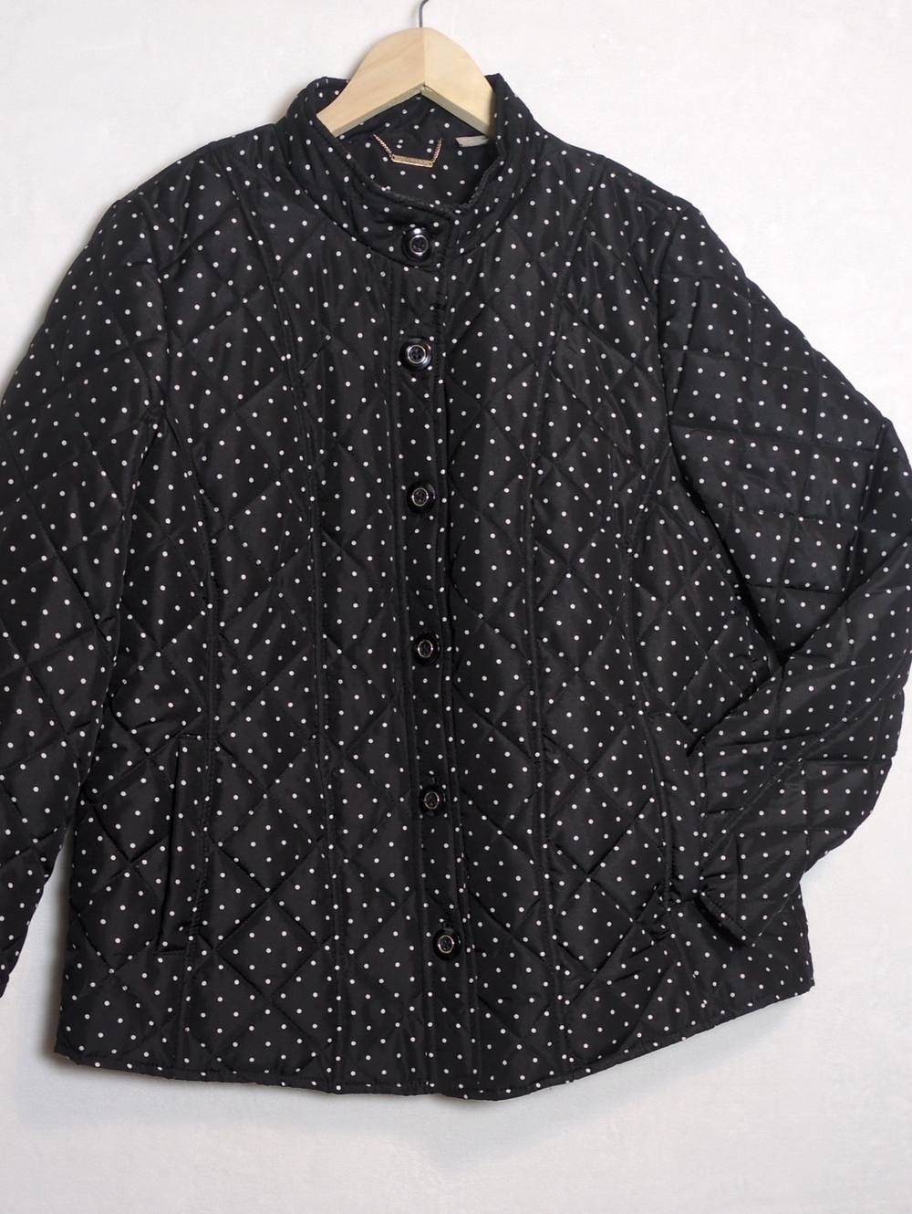 Chico's Polka Dot Quilted Jacket Black Size 2 Large 12/14 Snap Front Mock Neck